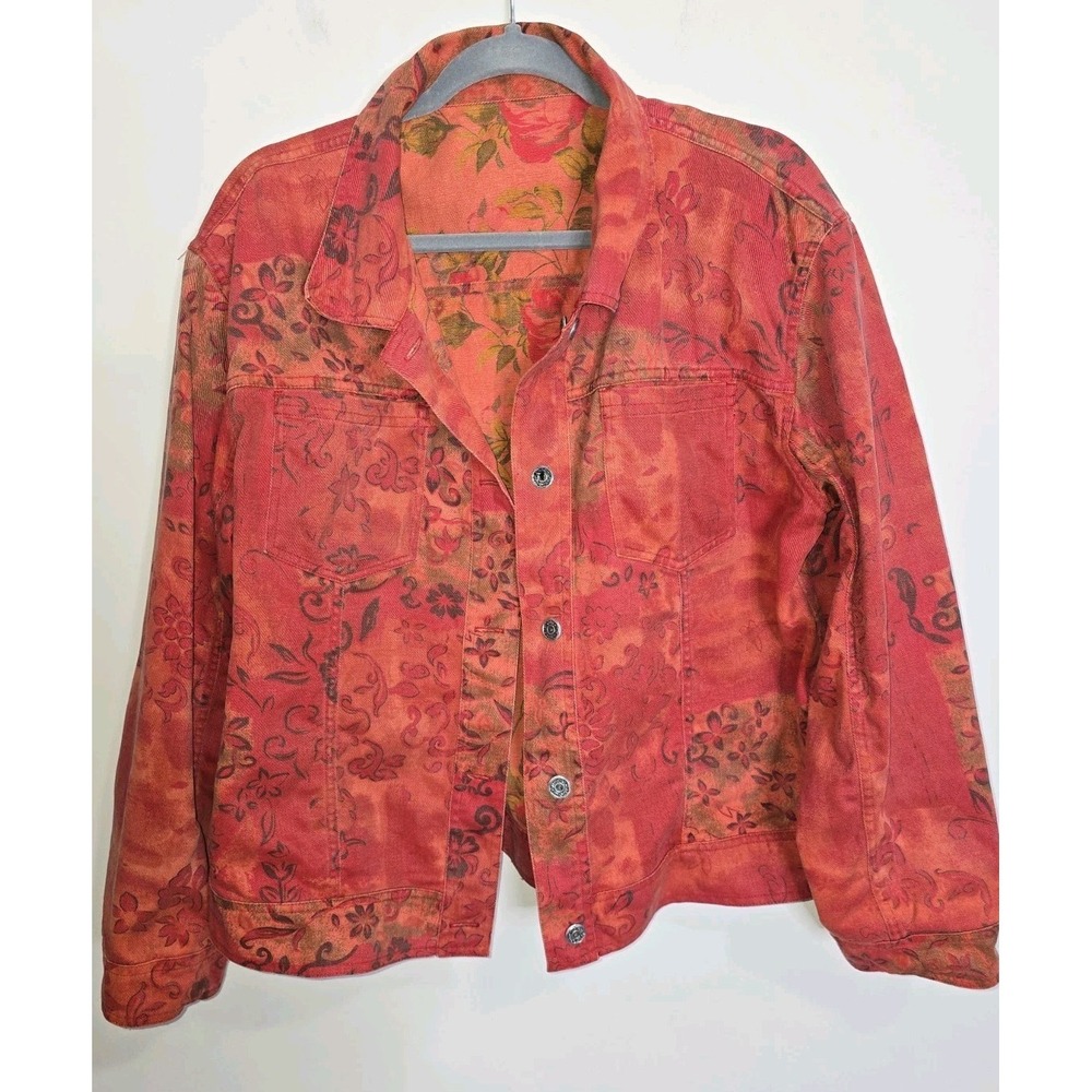Floral Denim Artsy Reversible Jacket Boho Cottagecore Rose Print XL/2X
